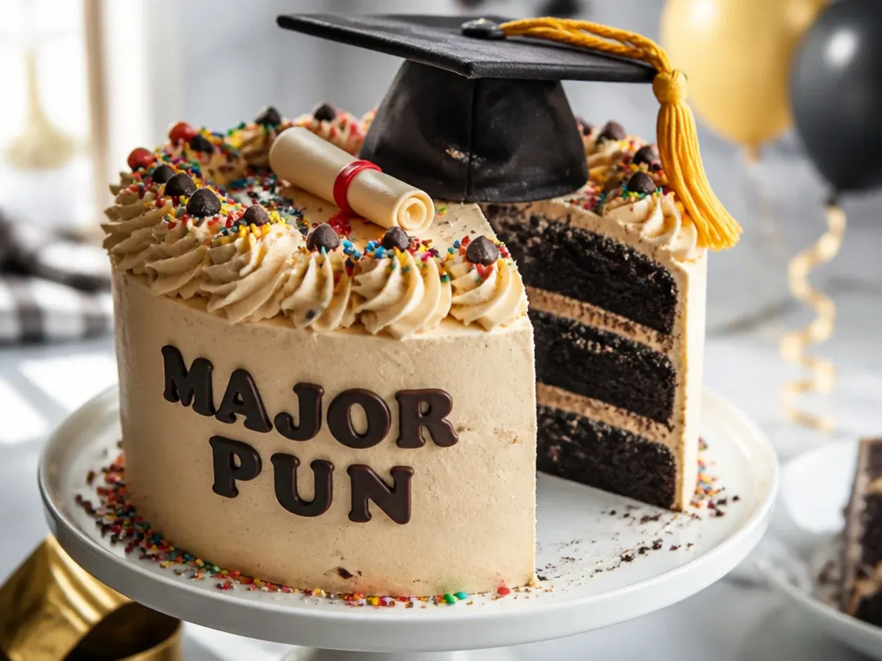 Simple white cake with a single piped pun message related to the graduate's degree