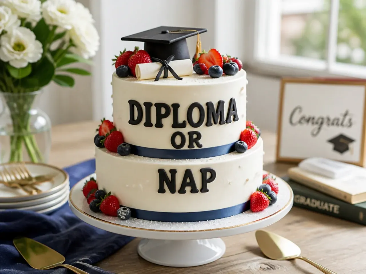 Two-tier cake with the bottom tier styled as a rolled diploma scroll and the top as a pillow scene