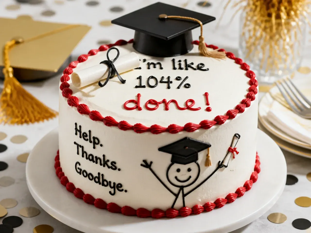 Sliced graduation cake served on a dessert table alongside fruit and biscuits