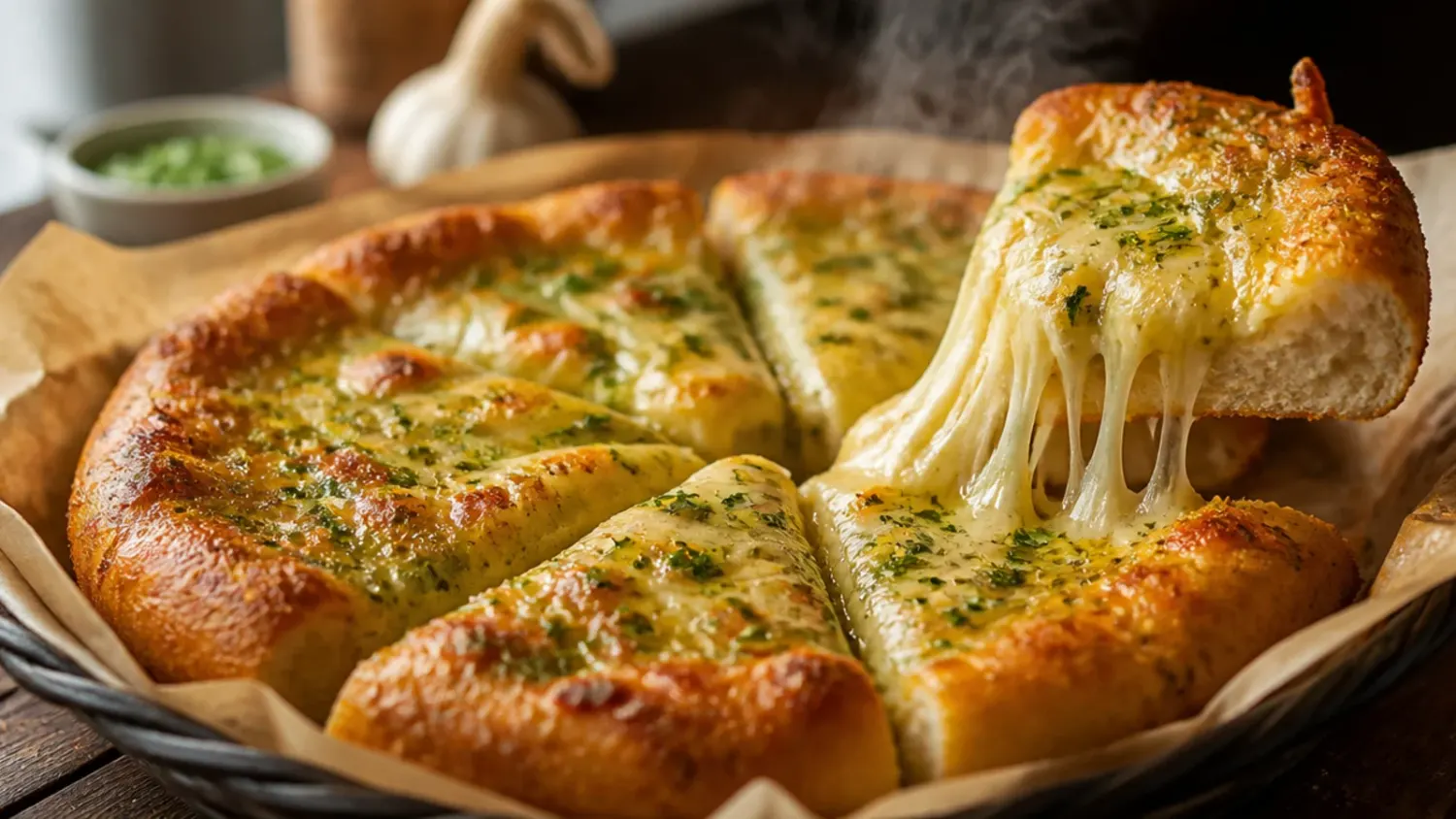 Close-up of a sliced garlic bread pizza with melted mozzarella, golden crust, and fresh parsley on a wooden board