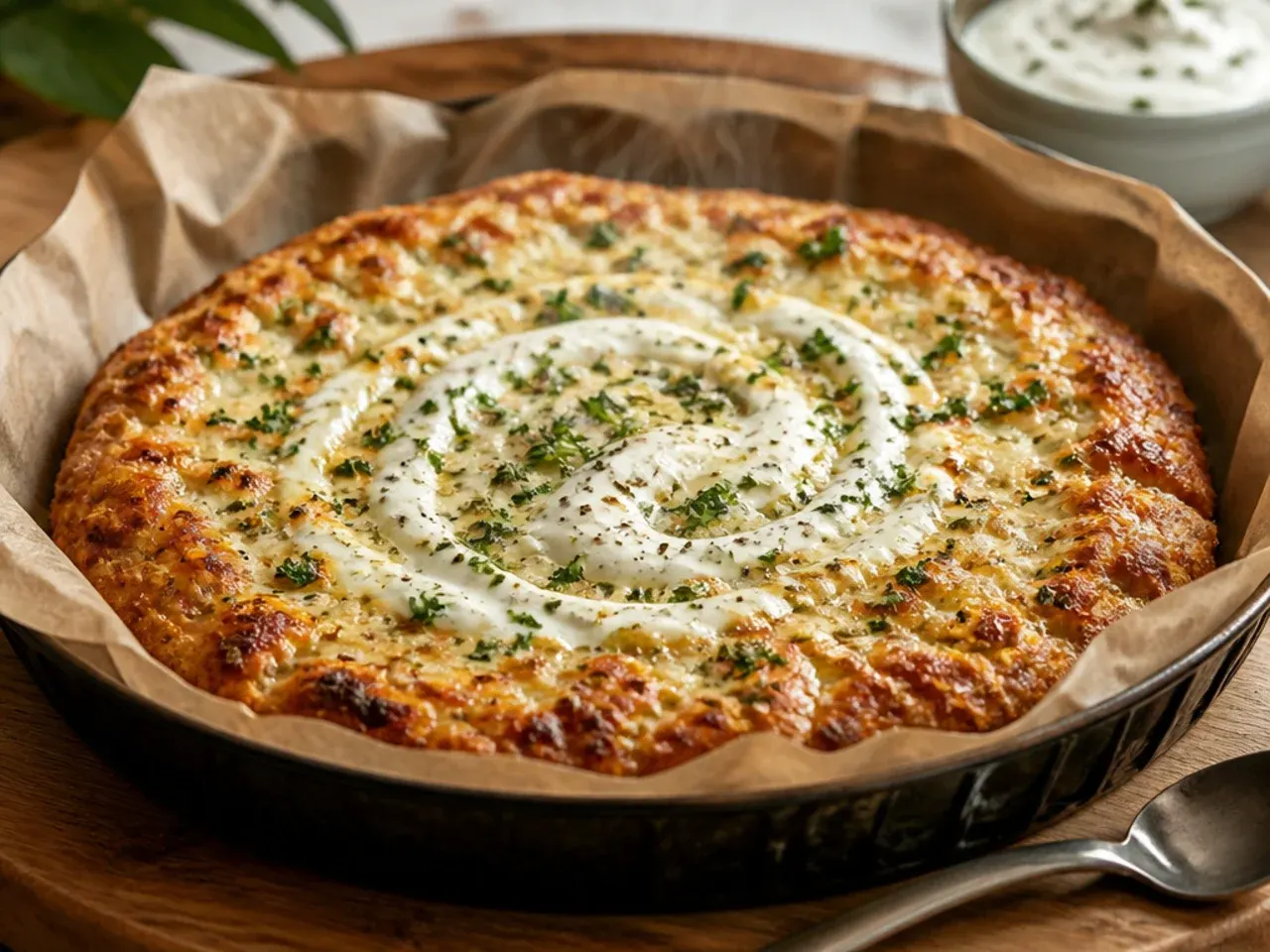Plain garlic-buttered pizza dough par-baking on a tray before toppings are added