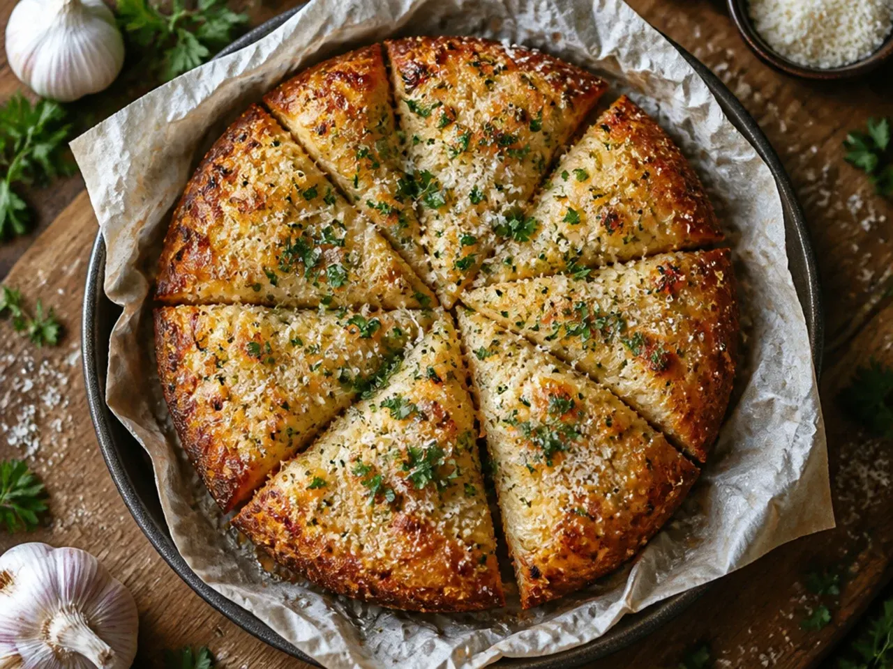 Thin even layer of garlic butter being spread over pizza dough with a pastry brush