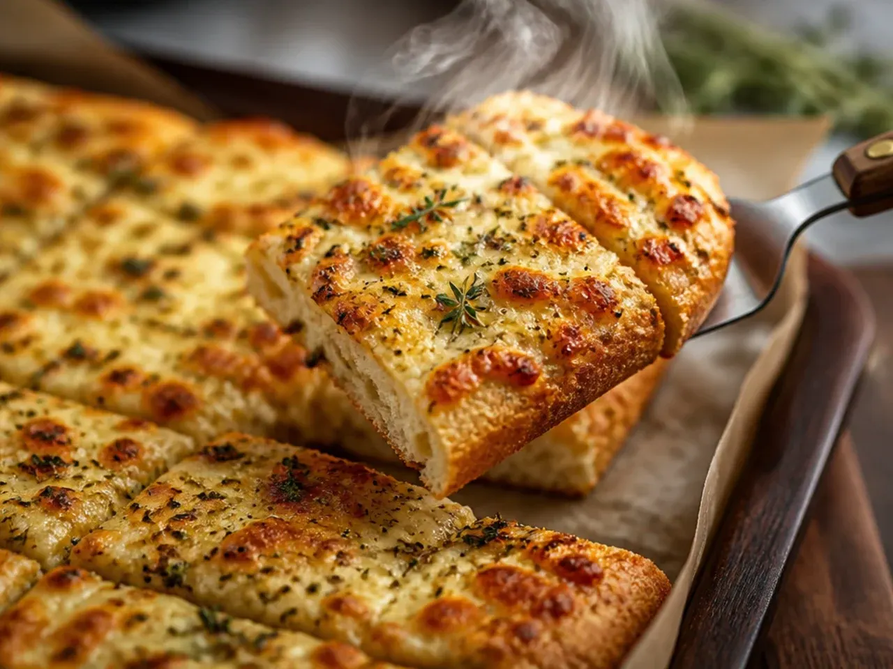 Thin layer of pizza sauce spread over a par-baked garlic bread crust with a spoon
