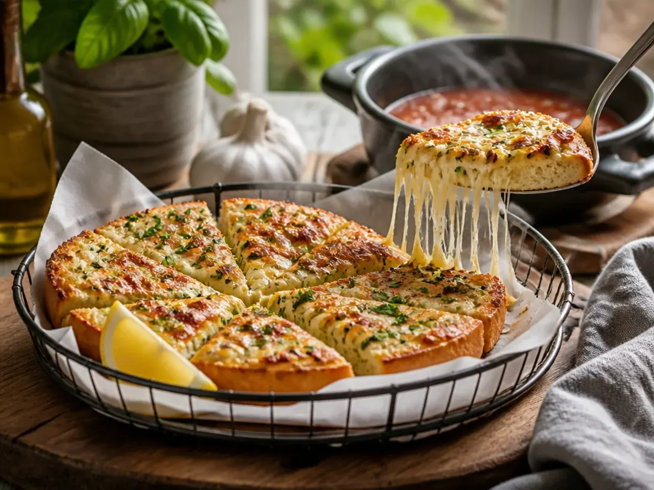 Garlic bread pizza baking on the middle rack of an oven with the door slightly open