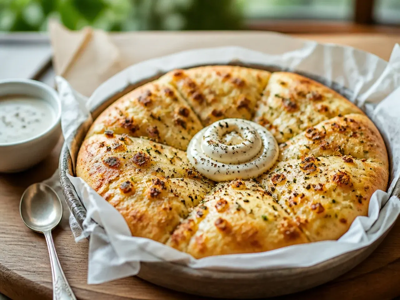 Ball of pizza dough resting under a tea towel on a kitchen counter