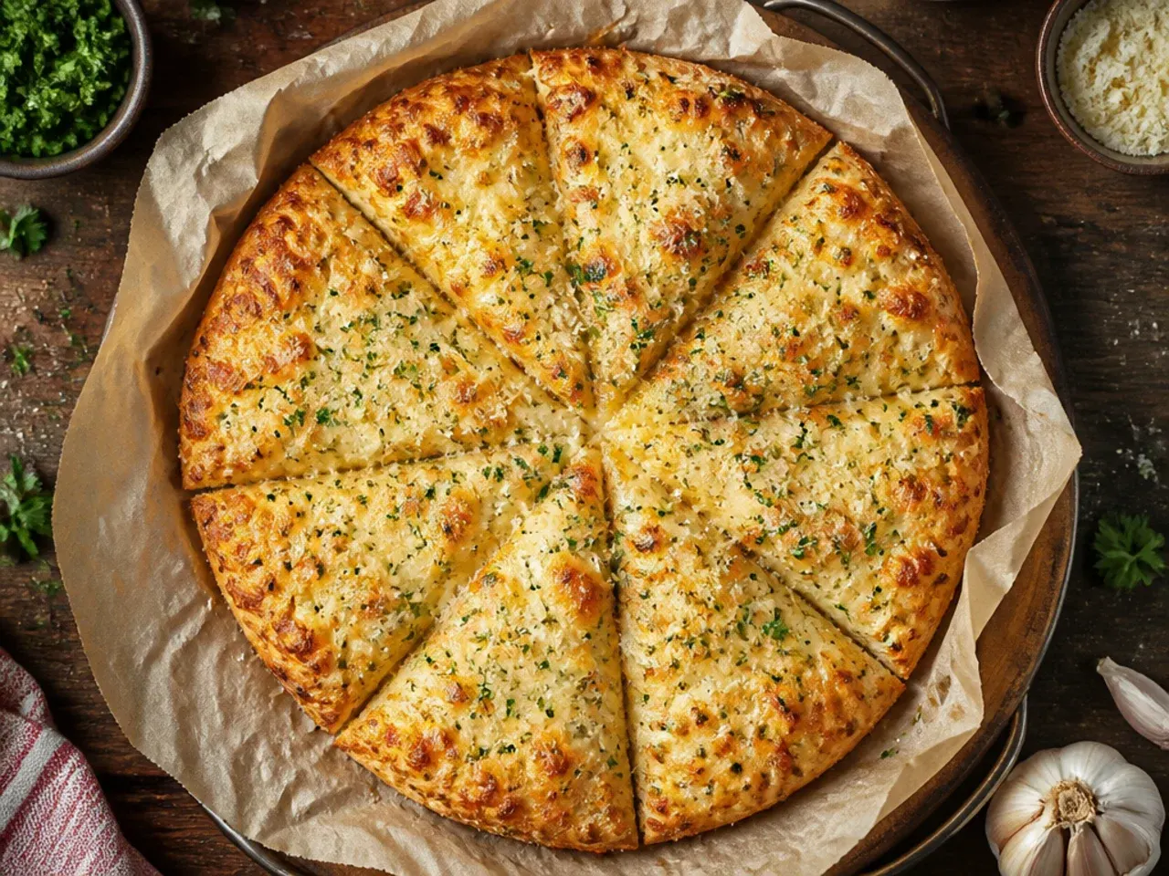Whole garlic bread pizza resting on a wire cooling rack before being sliced