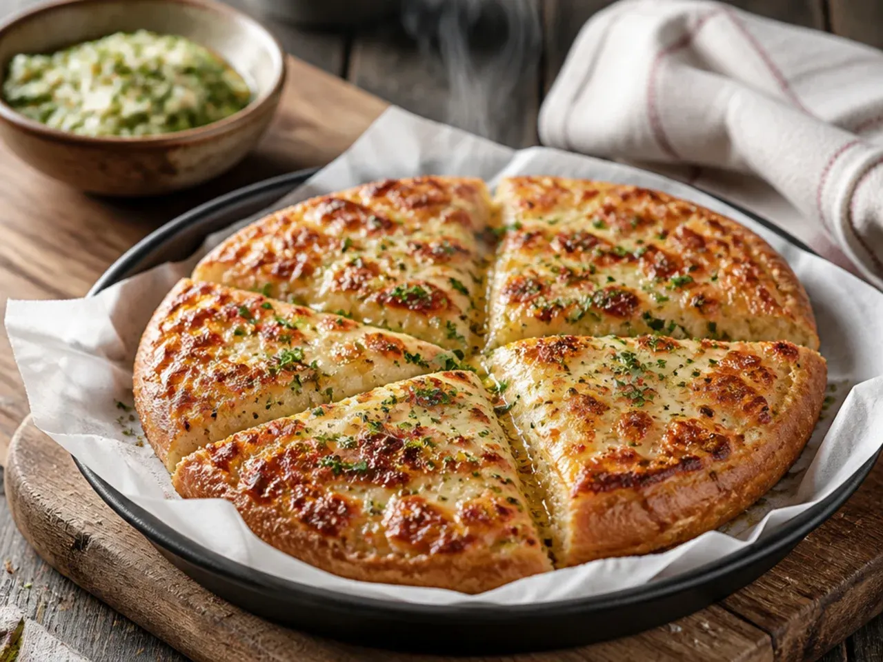 Close-up of golden garlic bread pizza crust without any dark or burnt patches