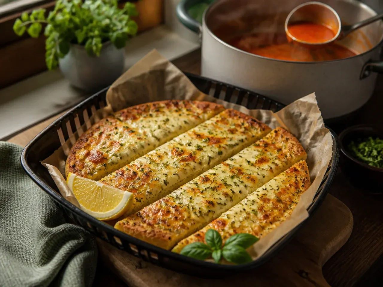 Light aluminium baking tray holding a golden garlic bread pizza fresh from the oven
