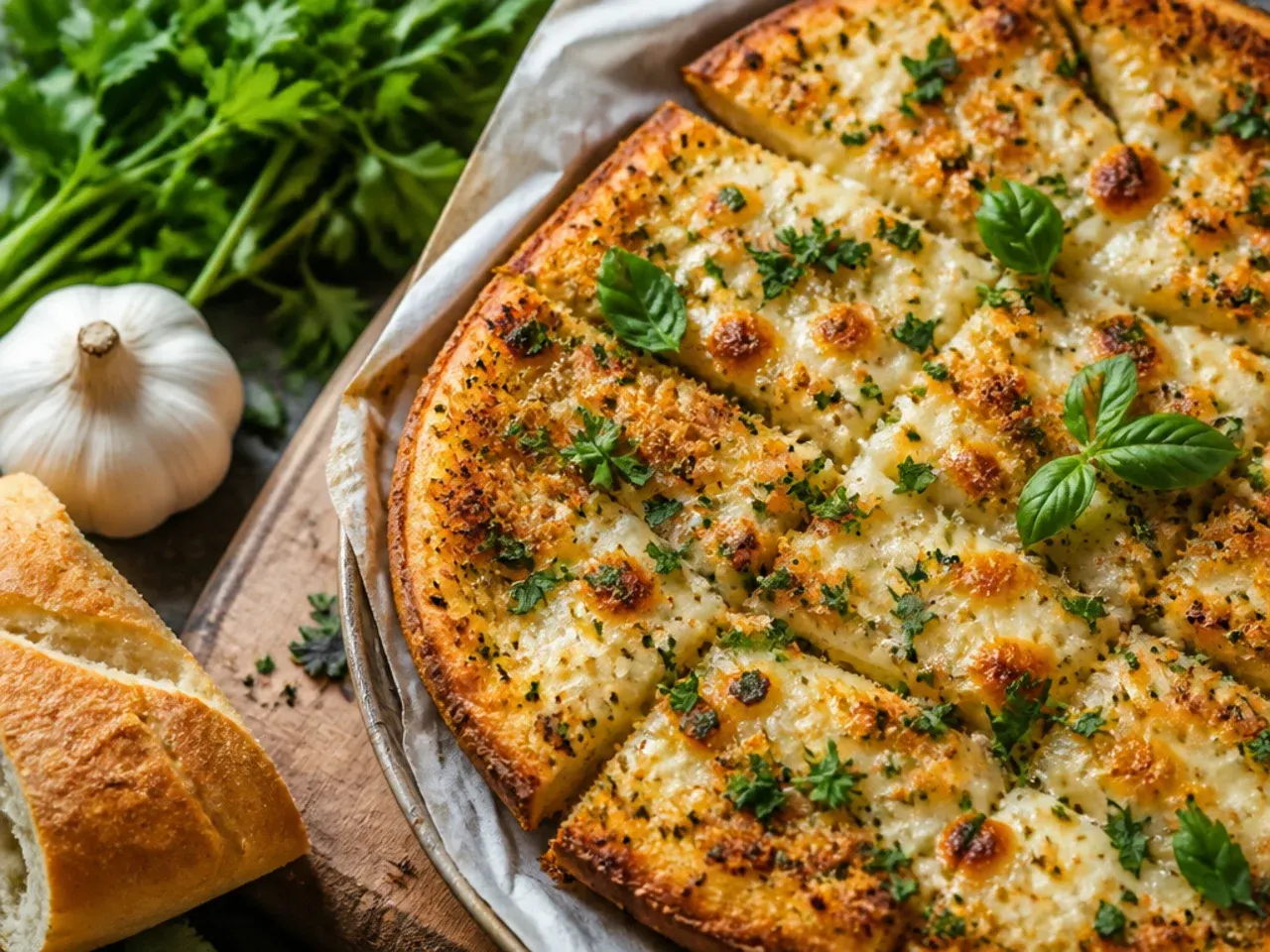 Fresh chopped parsley being sprinkled over a finished garlic bread pizza