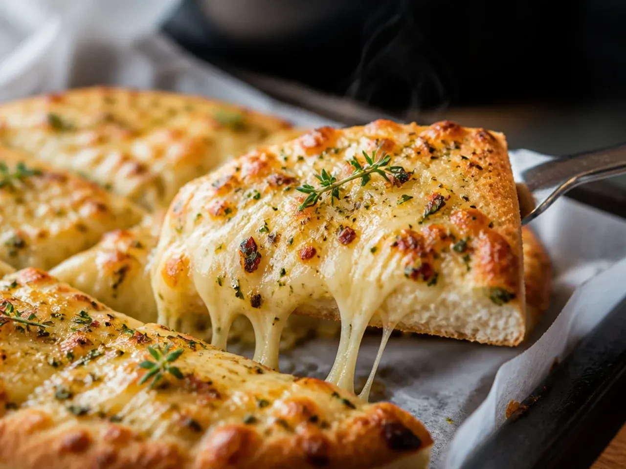 Pizza wheel slicing cleanly through a garlic bread pizza into even wedges