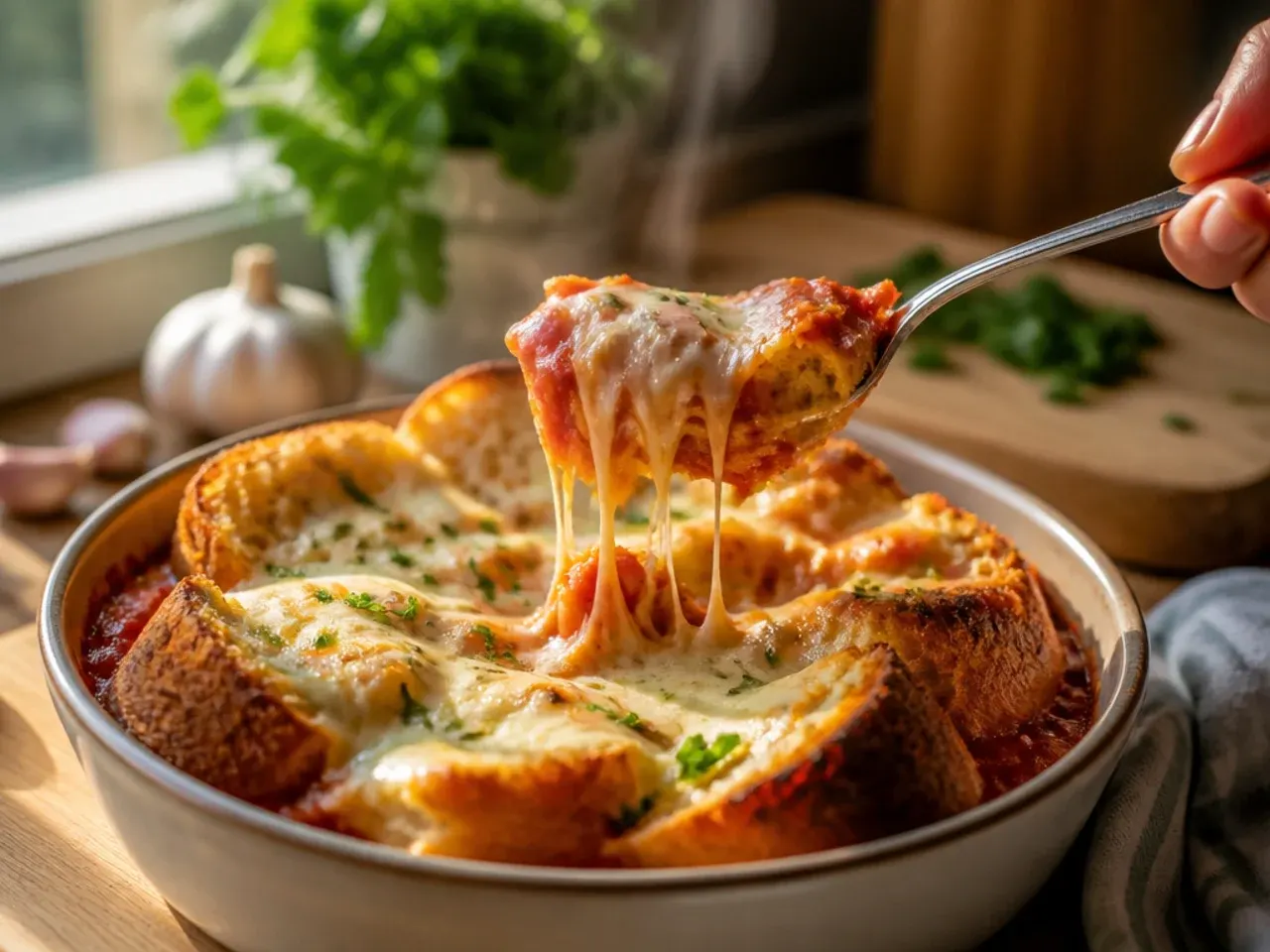 Finished garlic bread pizza sliced and served on a wooden board with a small bowl of extra sauce