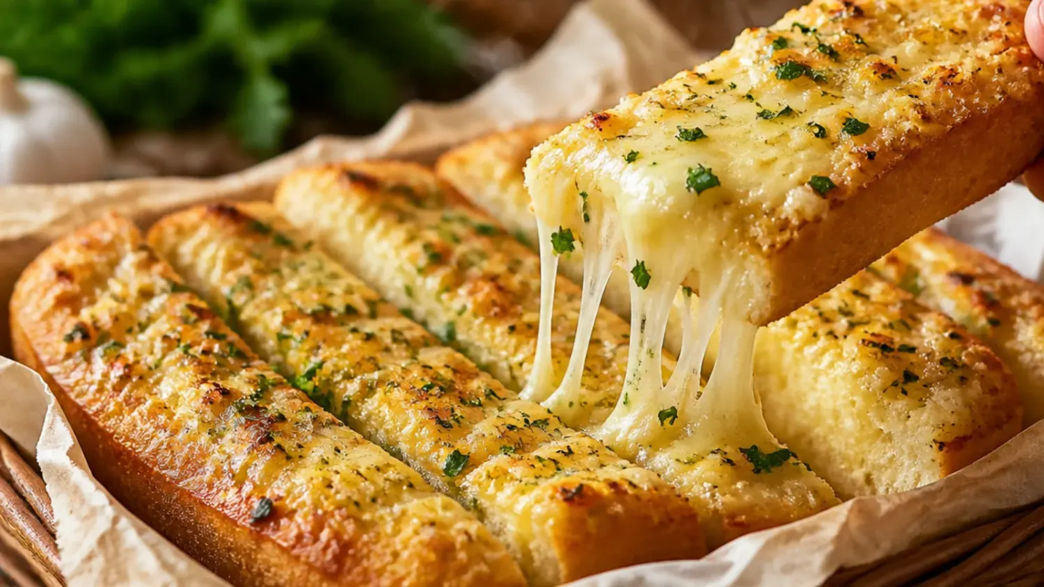 Sliced homemade garlic bread with golden, buttery edges and fresh parsley on a wooden board