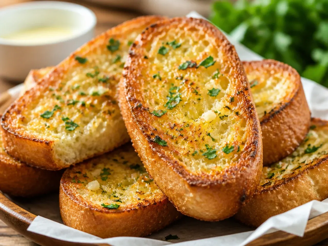 Golden garlic bread slices fanned out on a serving board with melted butter pooling between them