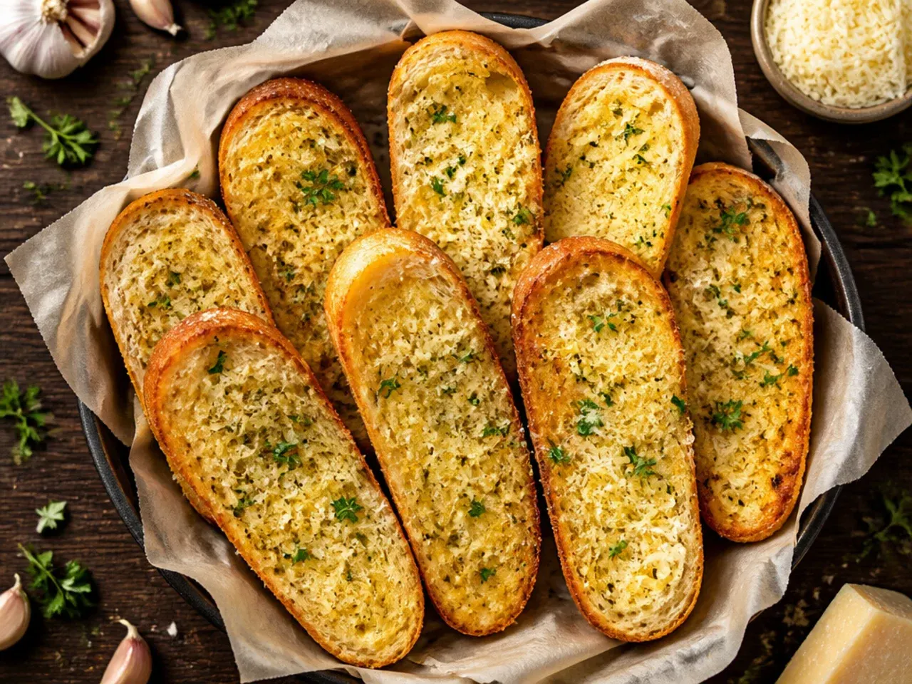 Classic split baguette garlic bread with golden buttery crust fresh from the oven
