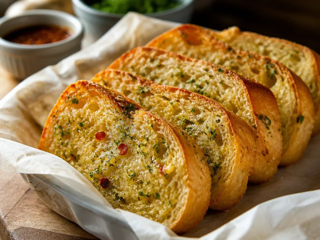 Sliced sandwich bread brushed with garlic powder butter on a baking tray