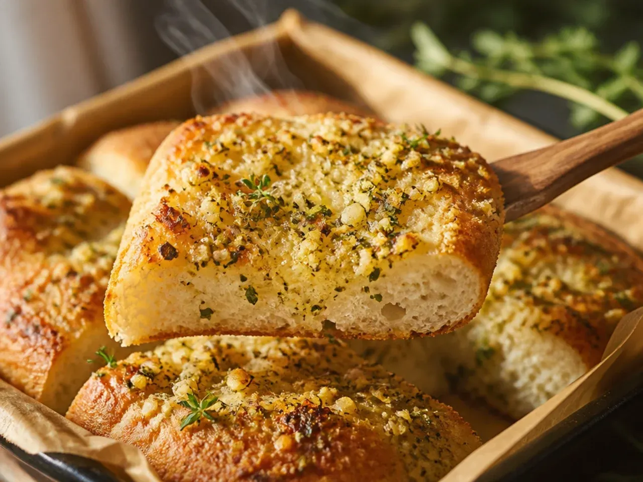 Ciabatta loaf halved and topped with fresh herb garlic butter before baking
