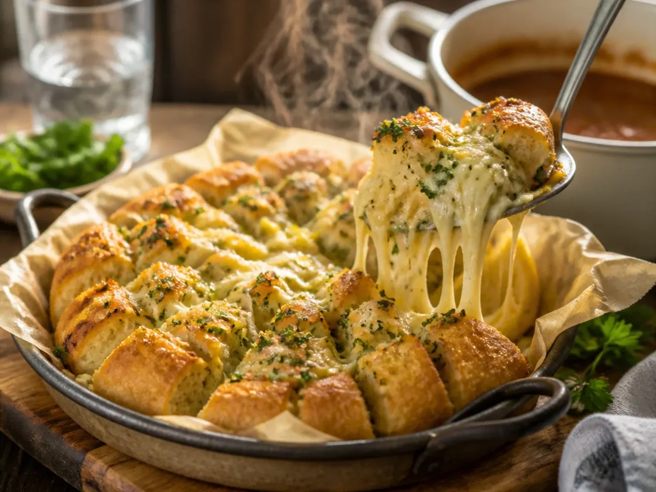 Pull-apart garlic cheese bread loaf with melted mozzarella oozing from the cuts