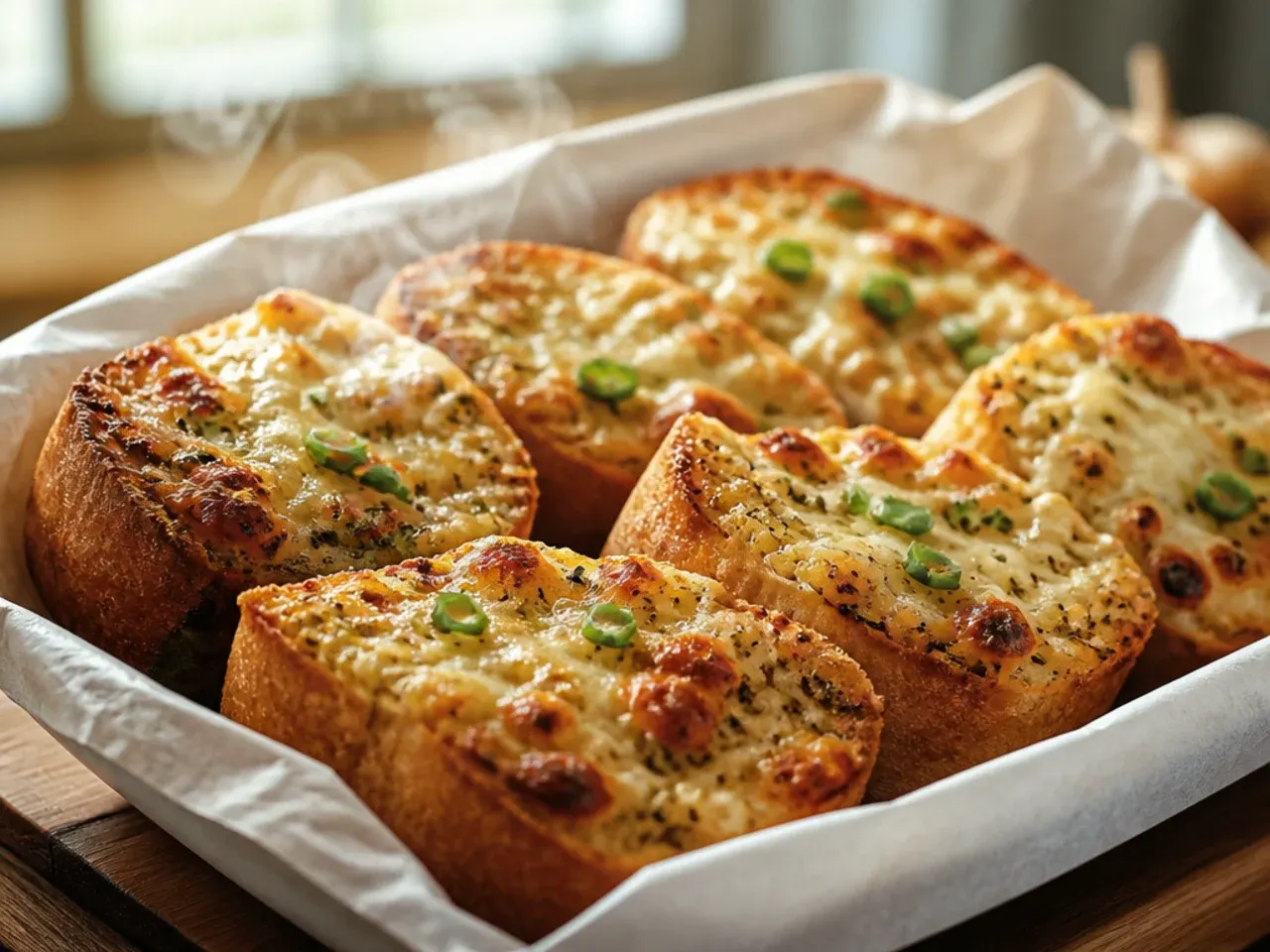Garlic bread slices topped with a creamy Parmesan crust, golden and bubbling