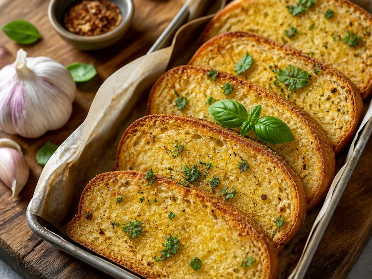 Simple buttered garlic bread slices with no toppings, golden and rustic