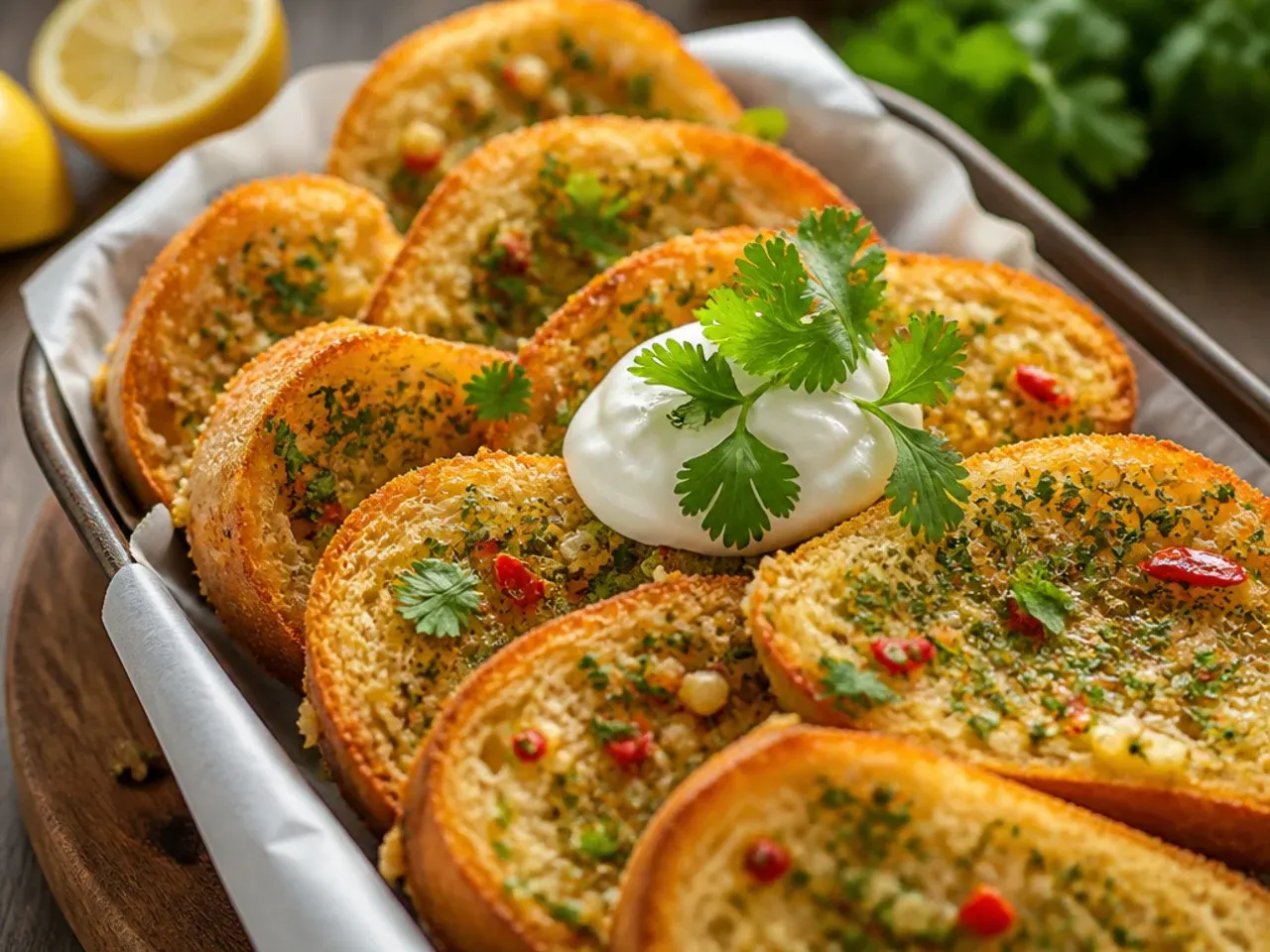 Garlic bread topped with lemon zest and chilli flakes, sliced and ready to serve