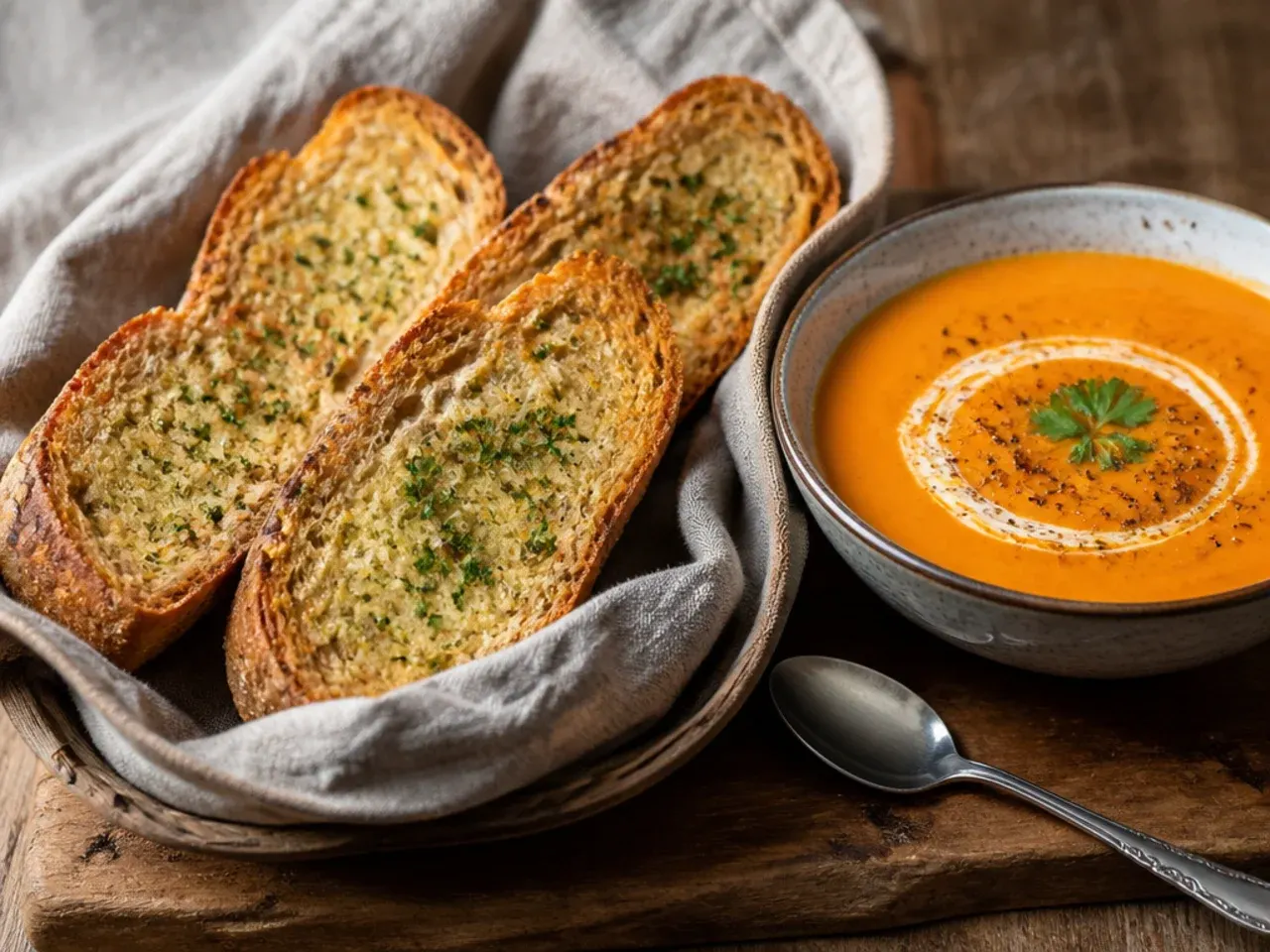 Wholemeal garlic bread slices with a denser, seeded crumb and golden buttery top