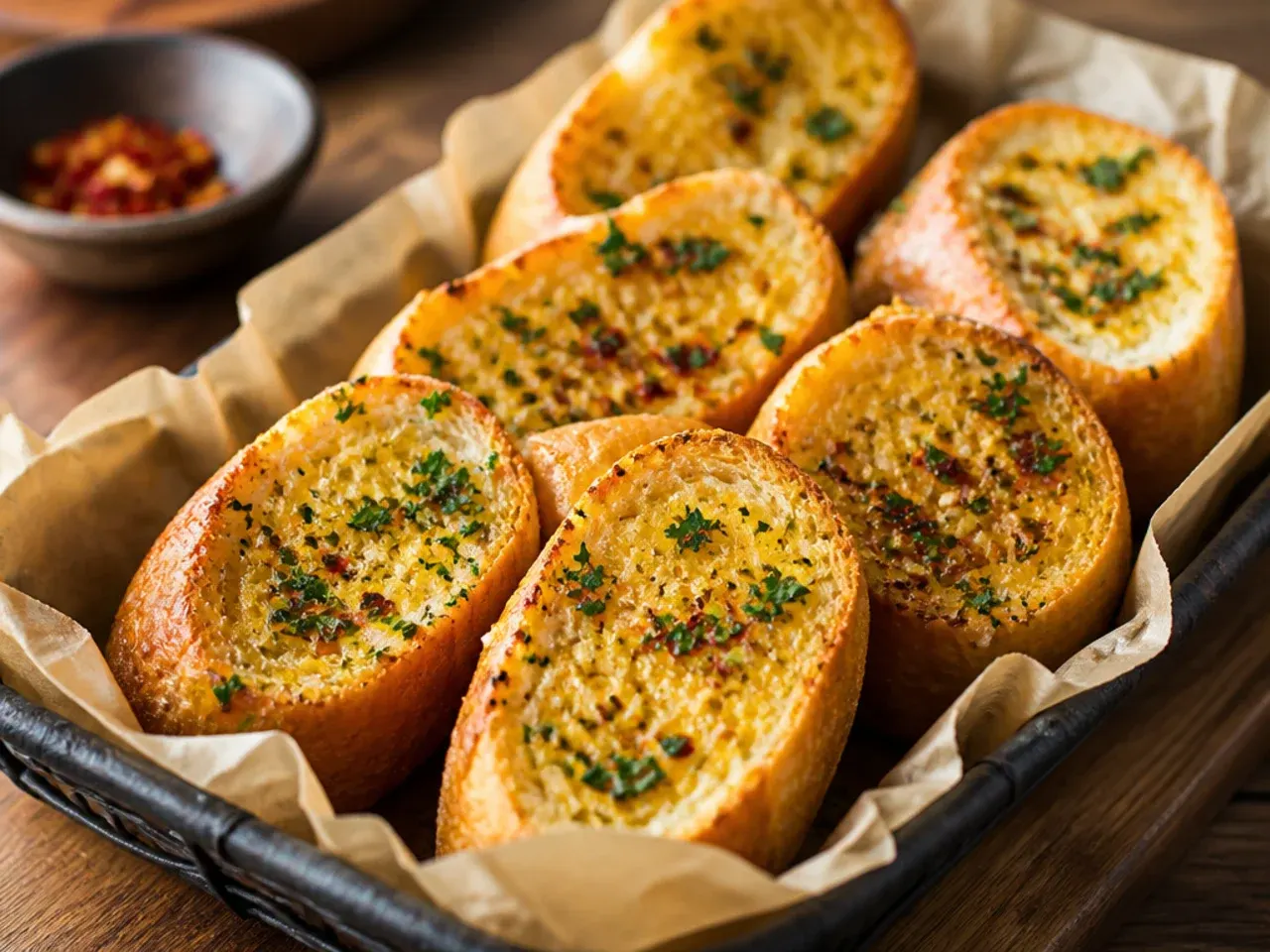 Garlic baguette halves under a grill broiler turning golden brown