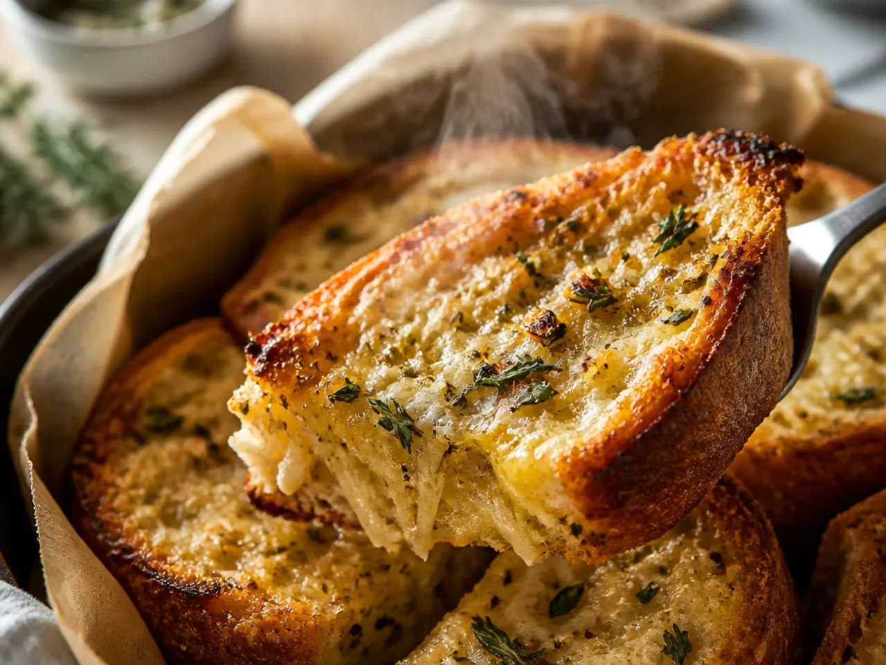 Thick slices of sourdough garlic bread with a chewy, rustic crust