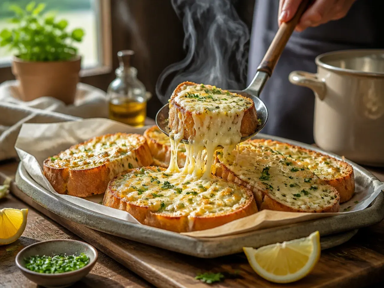 Loaded garlic bread topped with melted mozzarella and golden brown cheese blisters