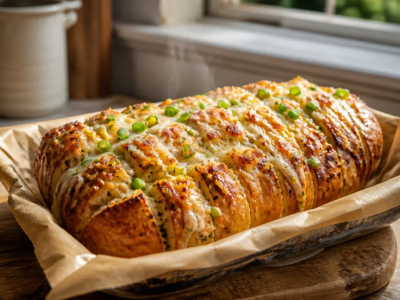 Two large loaves of garlic bread arranged together on a big serving platter