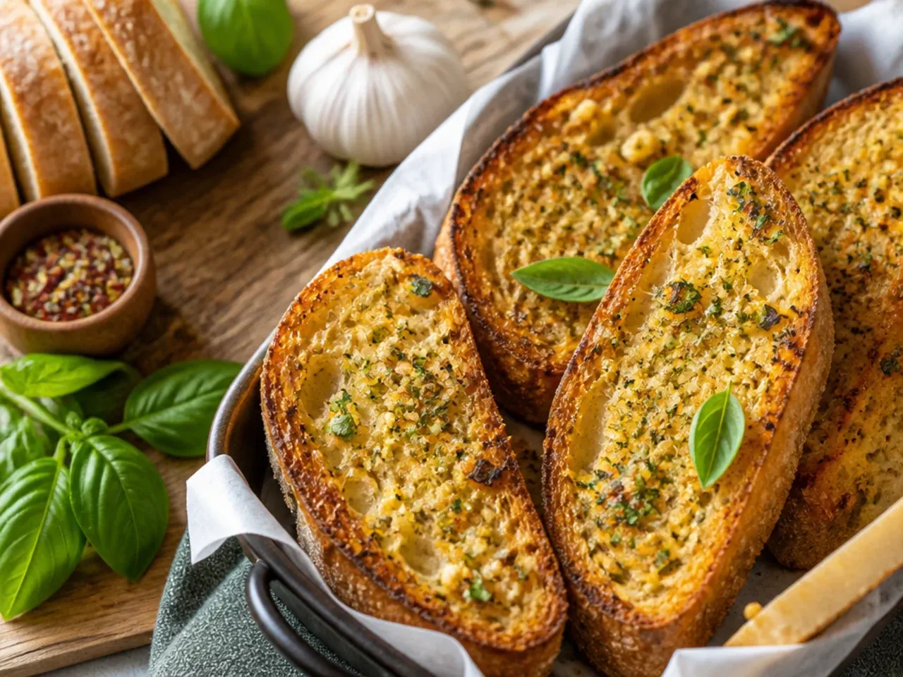 Bread spread with roasted garlic butter, showing soft caramelised garlic cloves