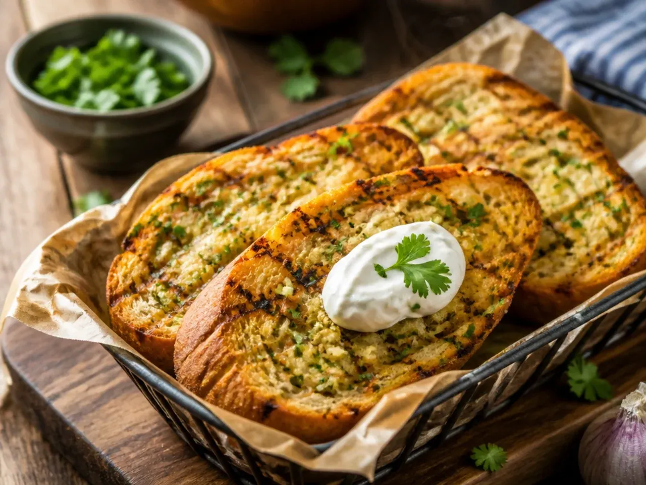 Garlic bread slices toasting butter-side down in a hot frying pan