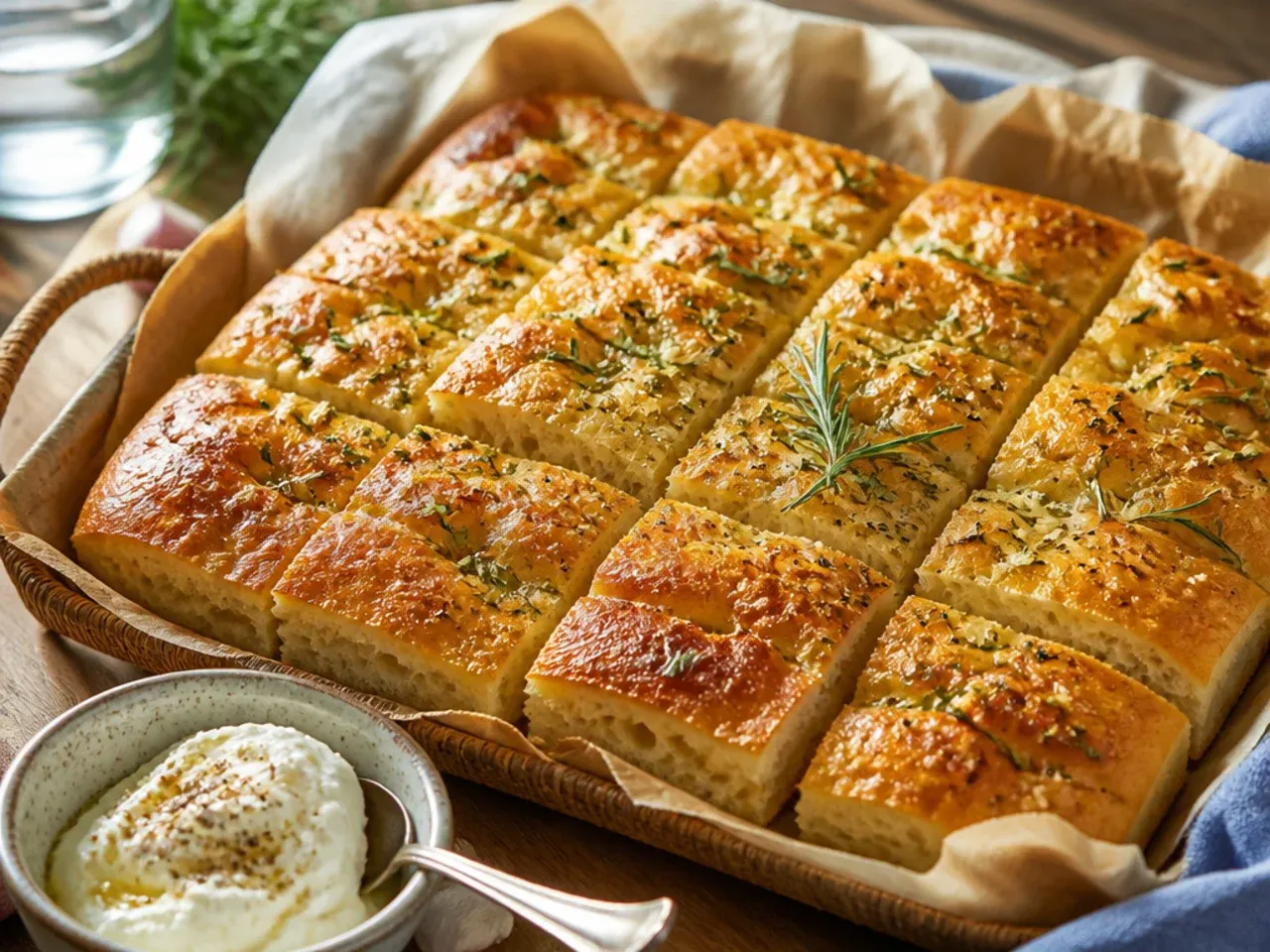 Focaccia bread dimpled and brushed with garlic butter and fresh rosemary sprigs