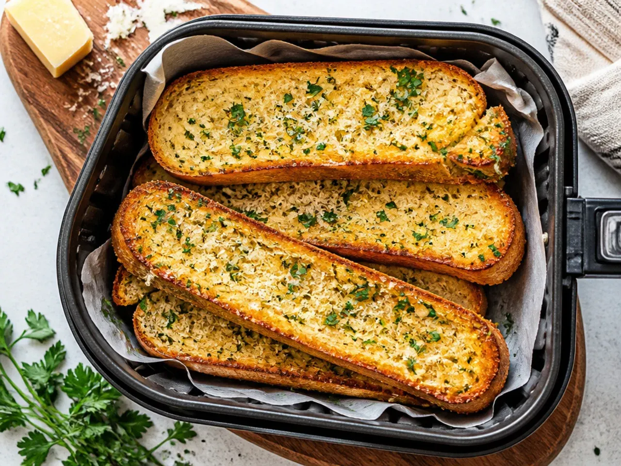 Garlic bread slices arranged in an air fryer basket, golden and crisping