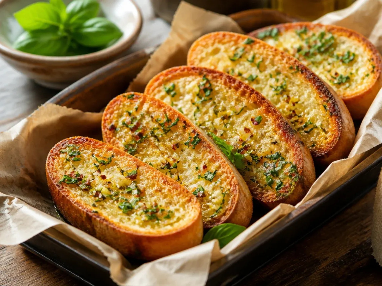 Garlic bread finished with a scattering of fresh torn basil leaves