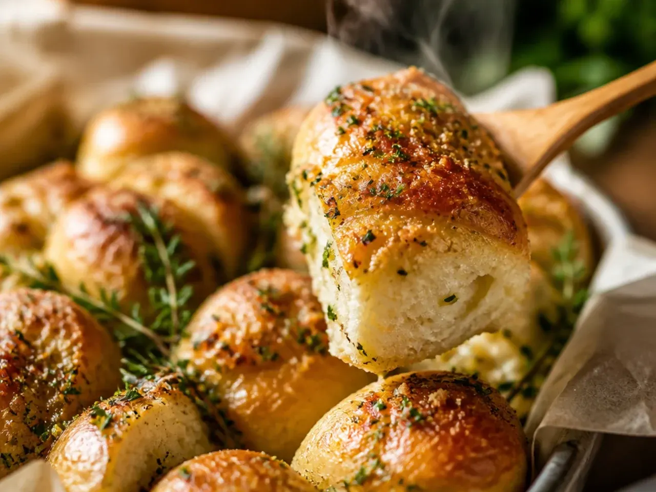 Golden baked garlic butter knots piled in a bowl, dusted with parsley