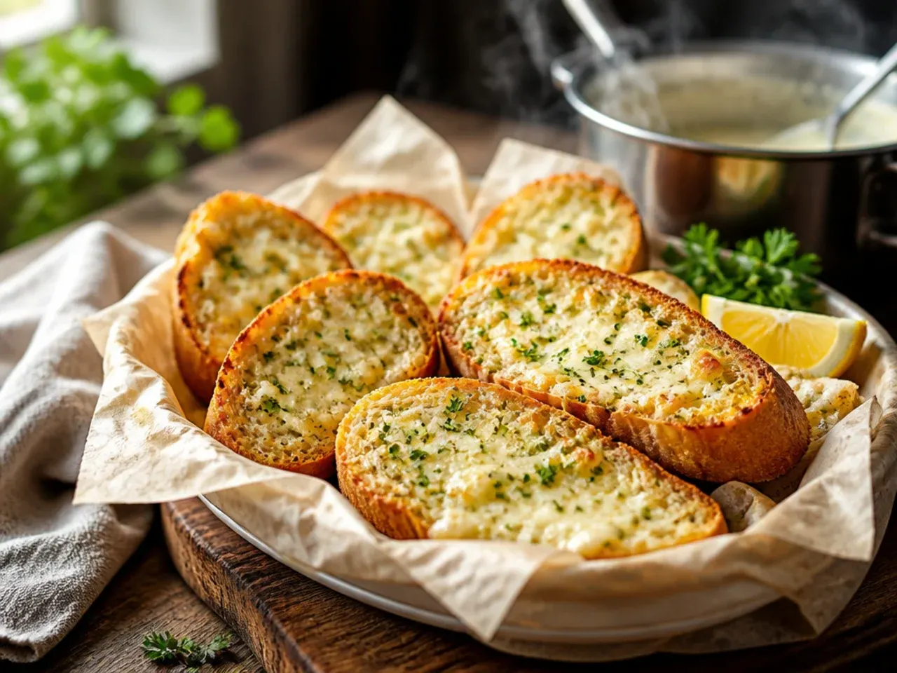 Soft bread rolls spread with a whipped, creamy garlic cheese mixture