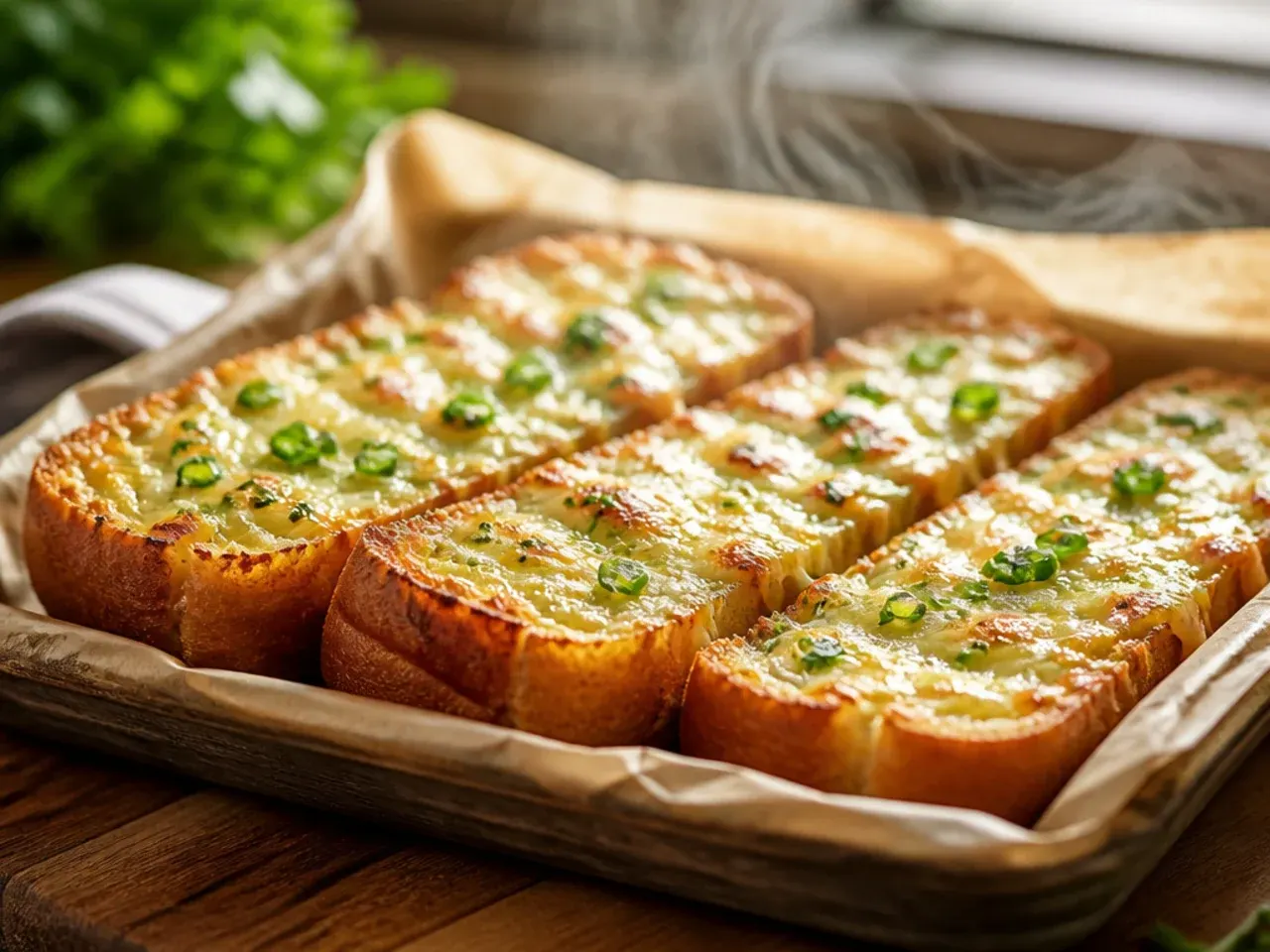 A large sheet pan filled with buttered garlic bread rolls ready to bake