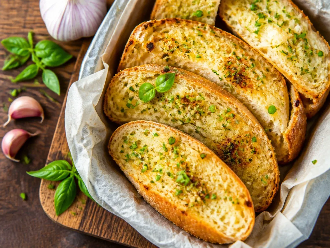 Garlic bread topped with finely snipped fresh chives after baking