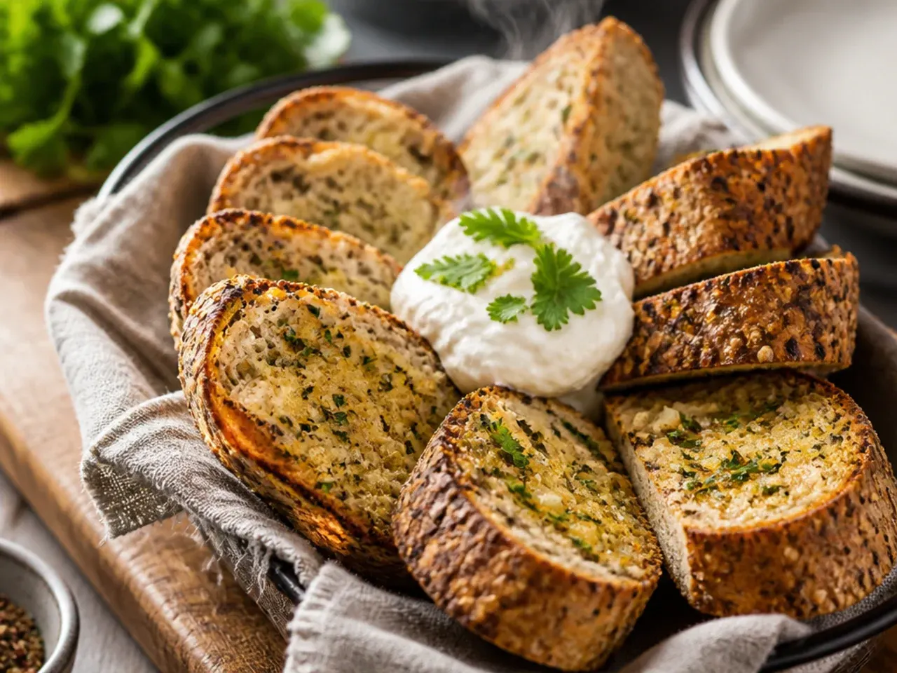 Seeded multigrain garlic bread slices with a nutty, toasted crust
