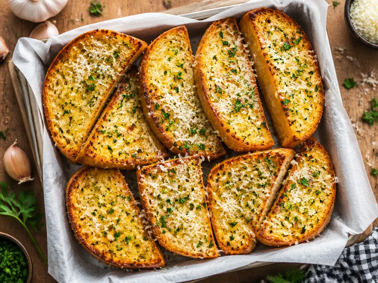 Quick garlic toast slices browned under the grill on a baking tray