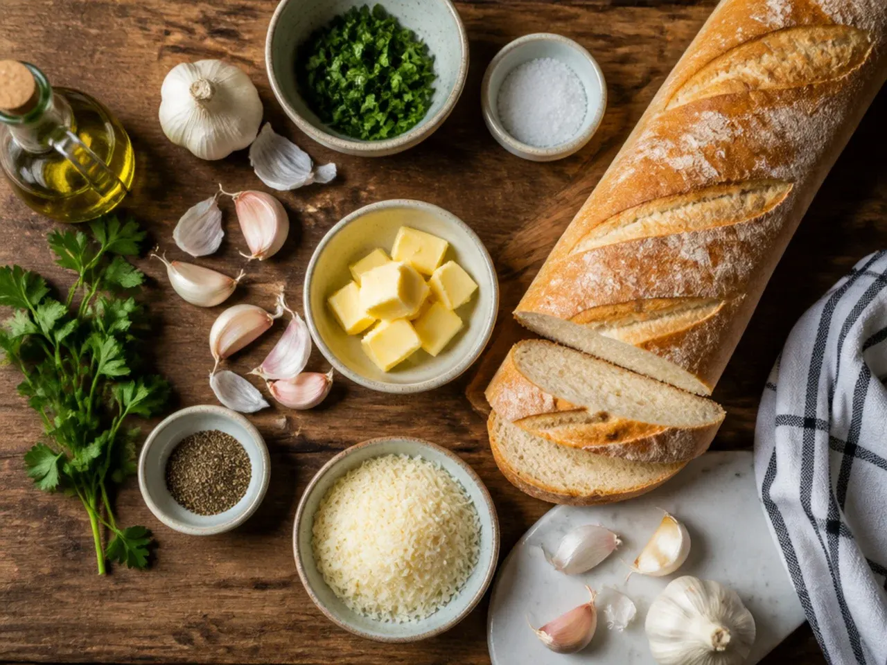 A log of homemade garlic butter wrapped in cling film next to a knife