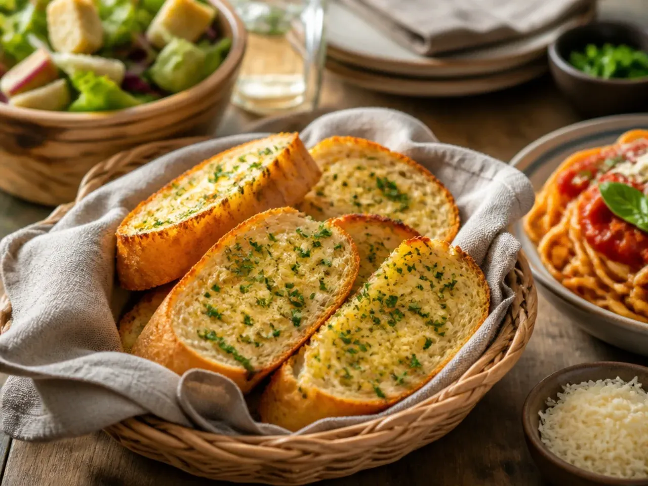 Garlic bread served alongside a bowl of tomato pasta and fresh basil