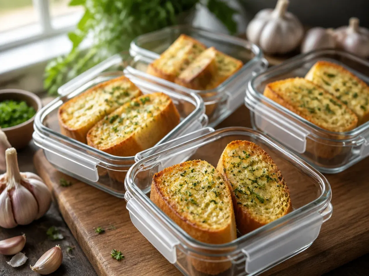 Leftover garlic bread wrapped in foil ready to be reheated in the oven