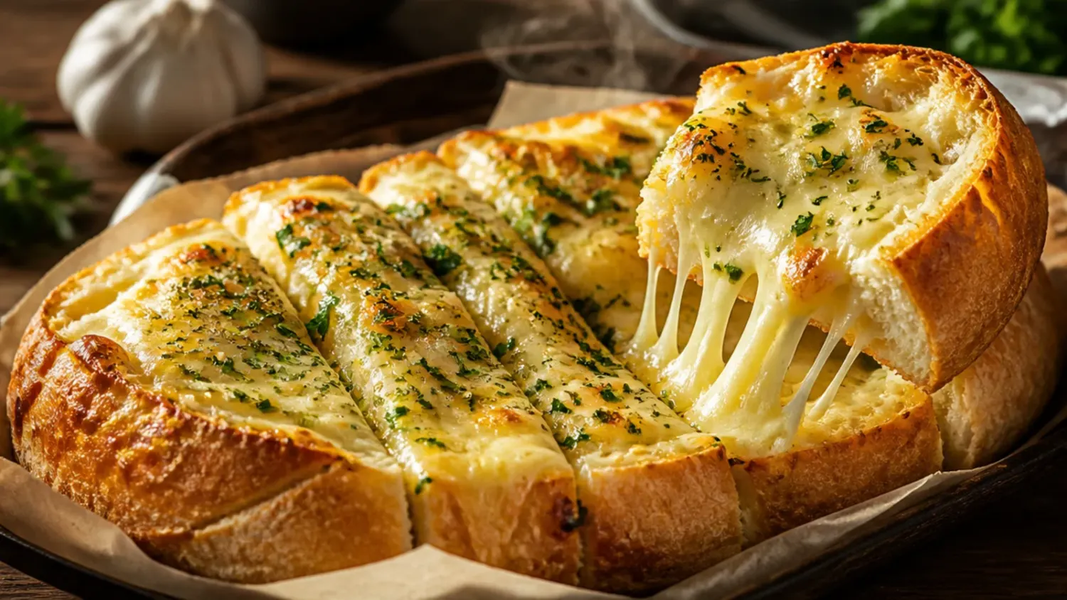 Golden baked garlic bread baguette halves topped with melted parmesan, mozzarella, and chopped parsley on a wooden board