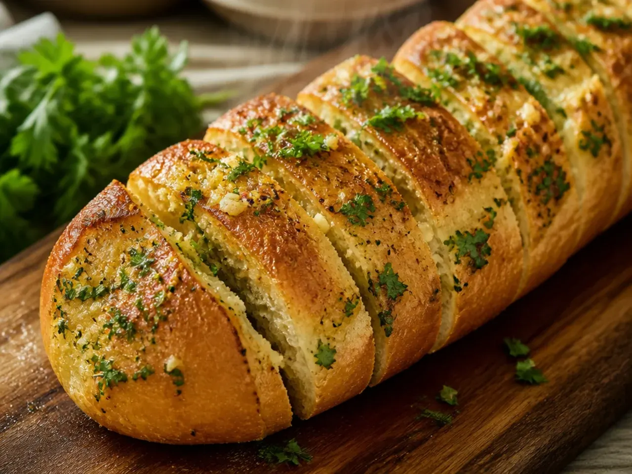 Overhead shot of sliced garlic bread arranged on a board next to a bowl of garlic cloves and fresh parsley