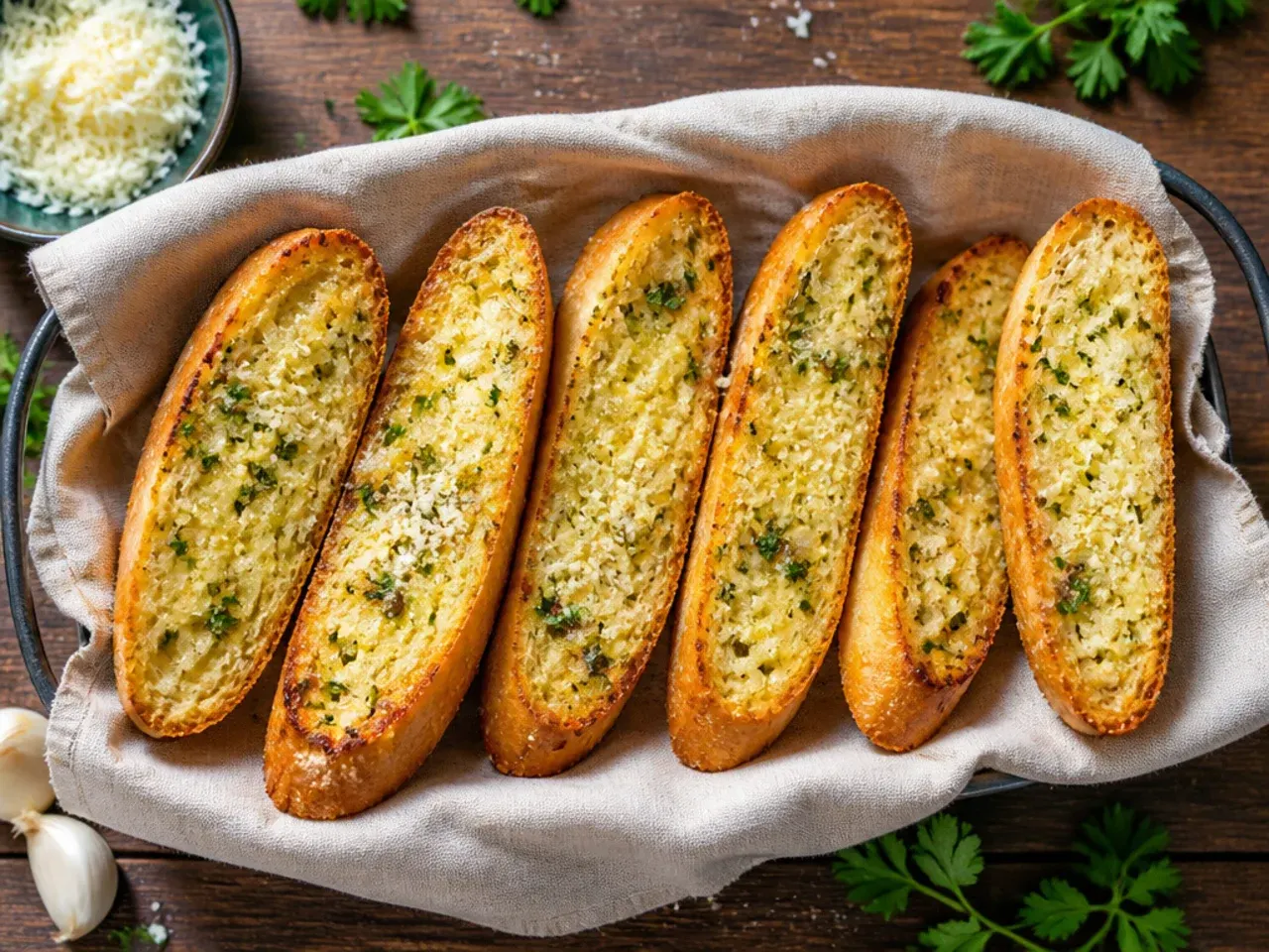 Classic split baguette garlic bread with golden buttery edges cooling on a wire rack