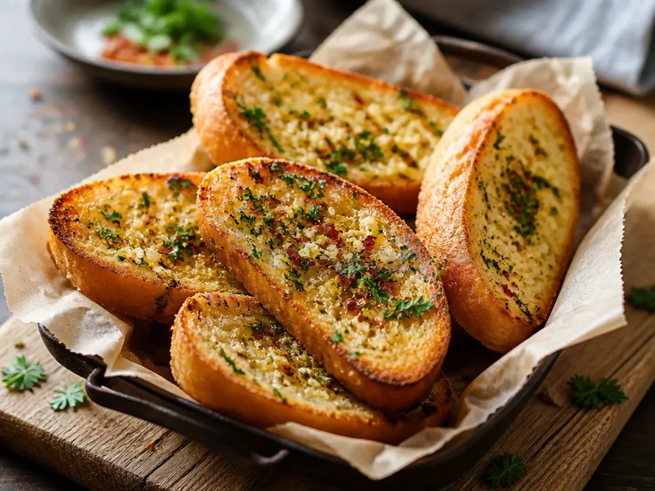Simple buttered garlic bread slices on a plate with a small dish of minced garlic