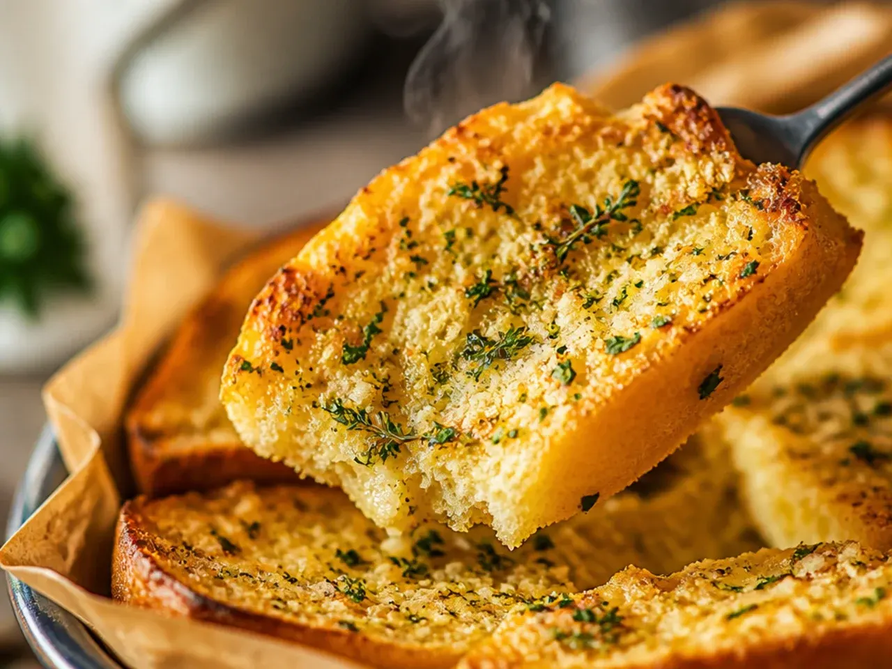 Garlic bread topped with a generous scattering of fresh basil, parsley, and thyme