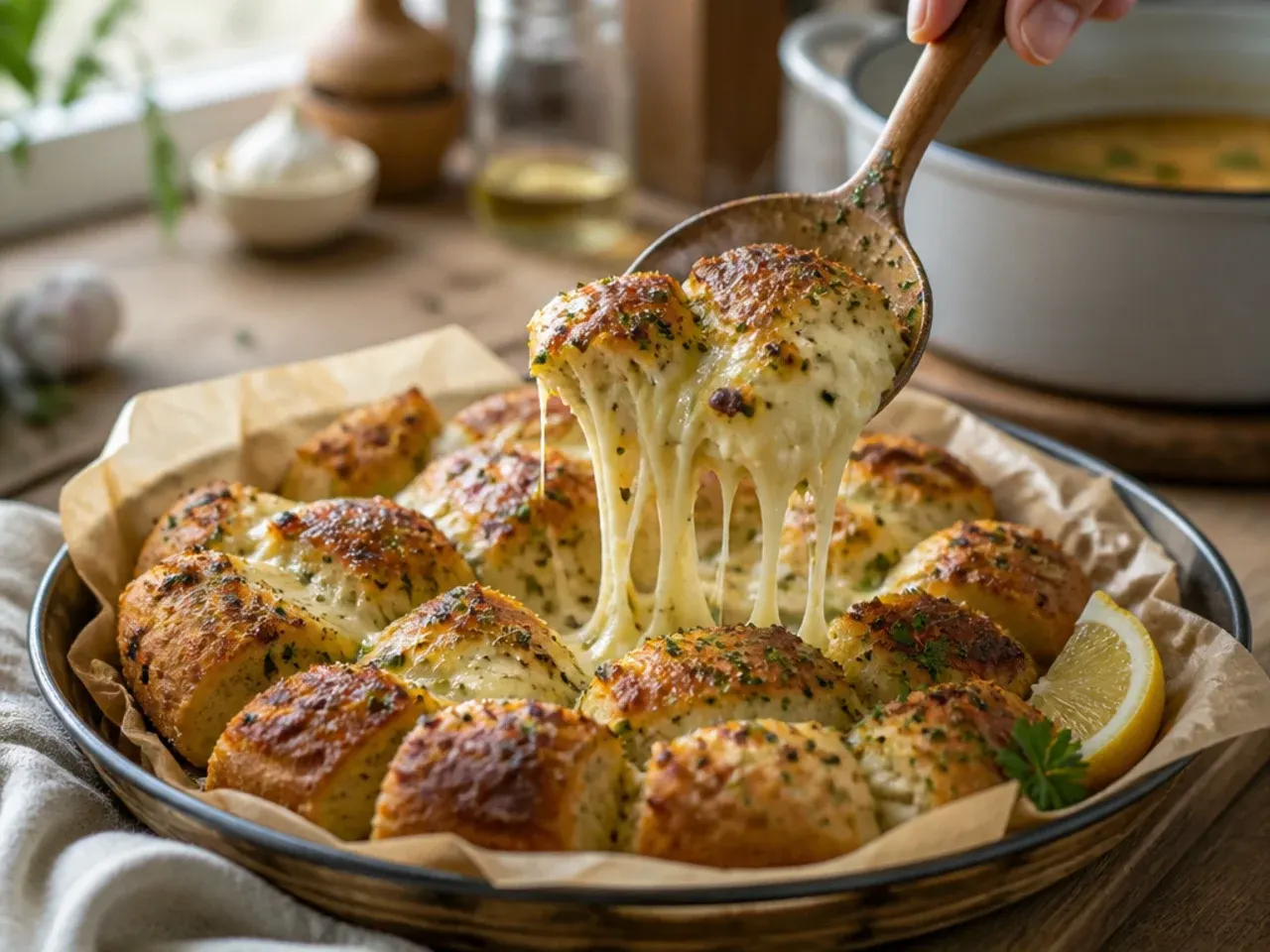 Cheesy pull-apart garlic bread loaf with melted mozzarella stretching between the cuts