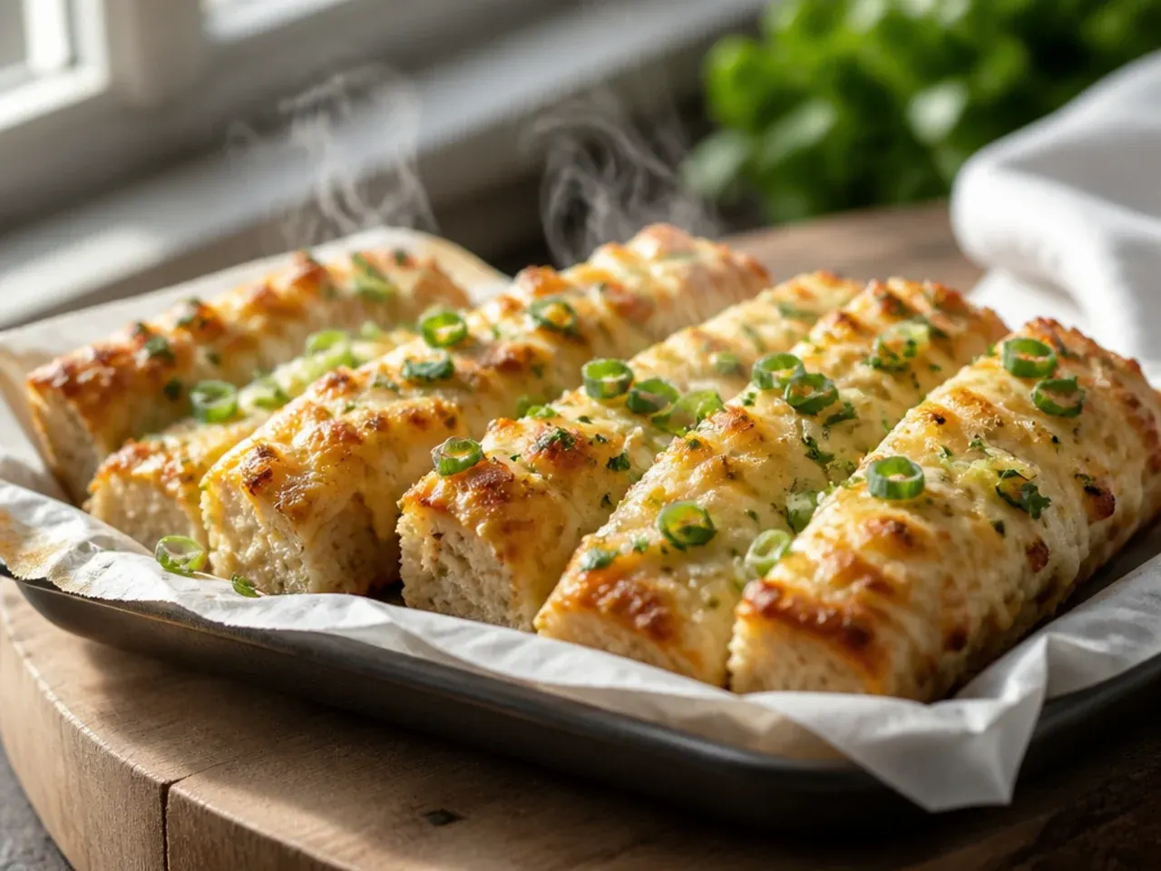 Close-up of creamy garlic bread with a rich, pale butter and cream cheese spread